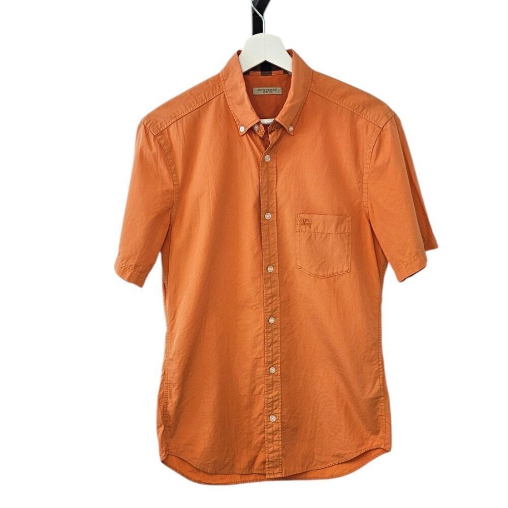 Burberry Brit Mens Short Sleeve Button Up Shirt, Orange, Cotton, Size Small